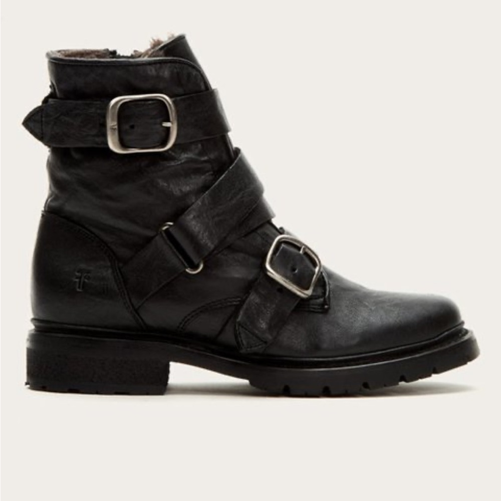 Frye Shearling Vanessa Tanker Black Leather Short Boot